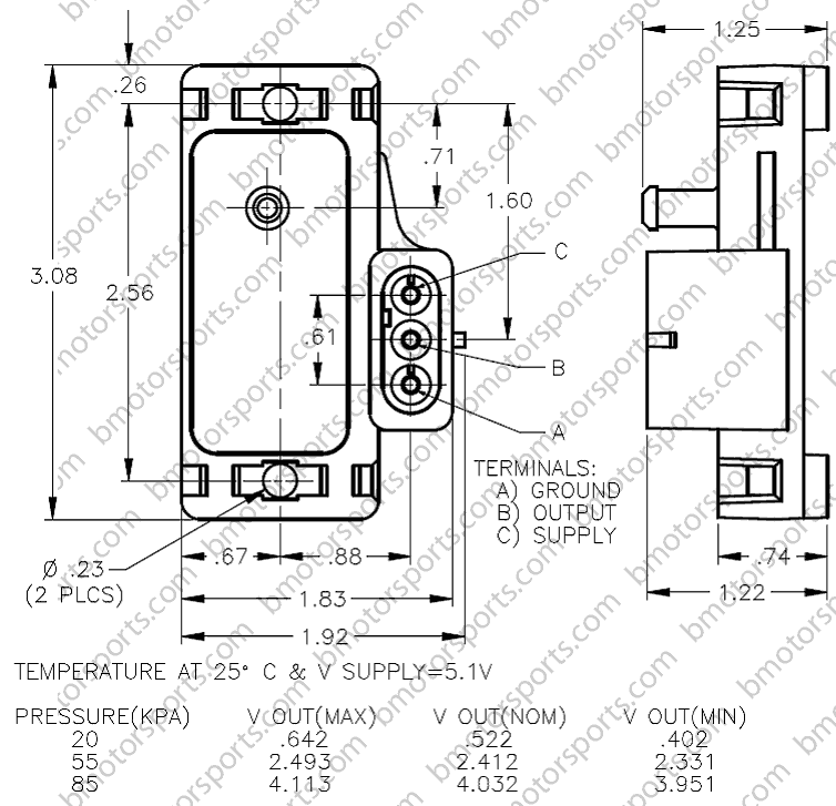 1 Bar GM Style Map Sensor - 16254719 - 16175339 - 12247561 dimensional drawing