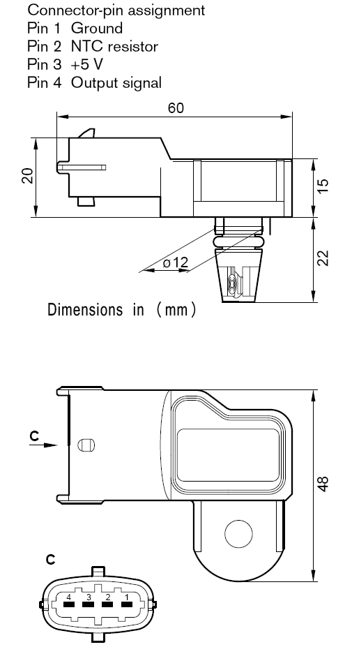 Bosch 4 Bar TMap Map Sensor with IAT Physical Dimensions