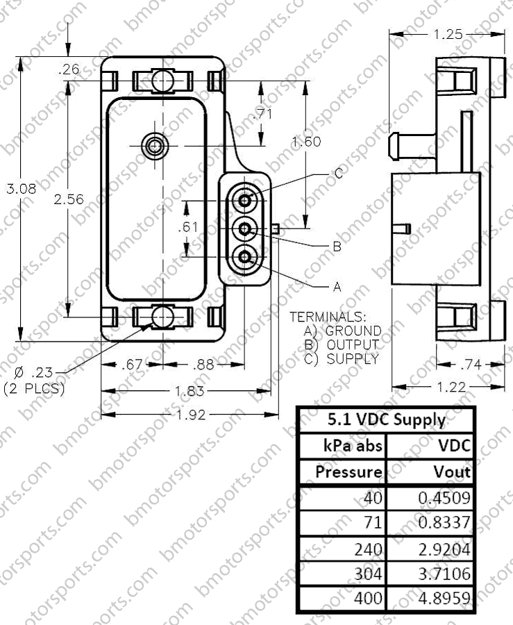 4 Bar GM style map sensor dimensional drawing