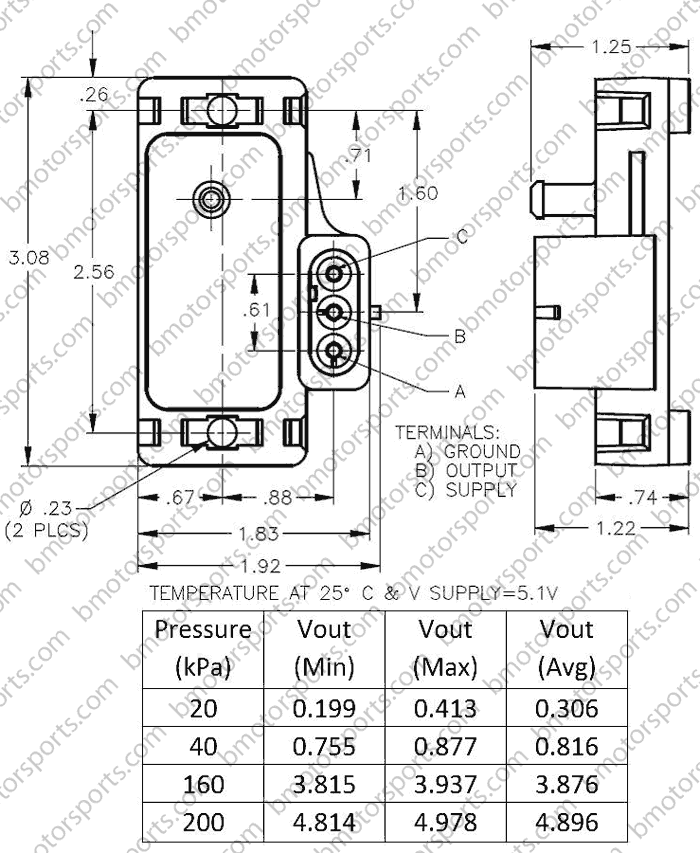2 bar GM style Map sensor 12247571 - 16040609 dimensional drawing