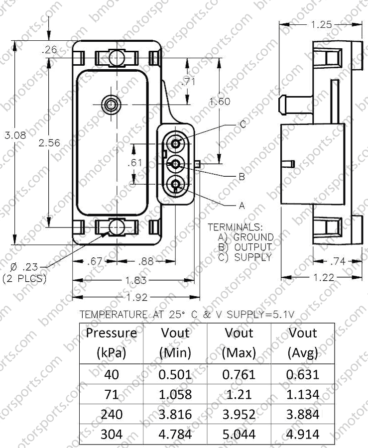 3 bar GM style map sensor 12223861 - 16040749 dimensional drawing